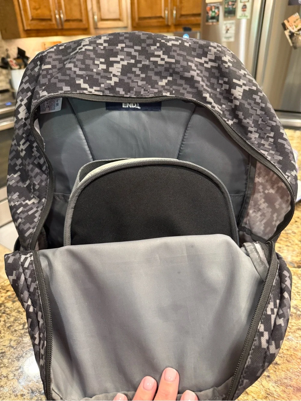 Lands' End Kids Digital Camo Backpack in Black and Gray with Orange Accents